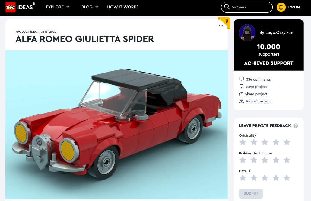 Alfa Romeo Giulietta Spider ha raggiunto i 10.000 like sul portale LEGO® Ideas