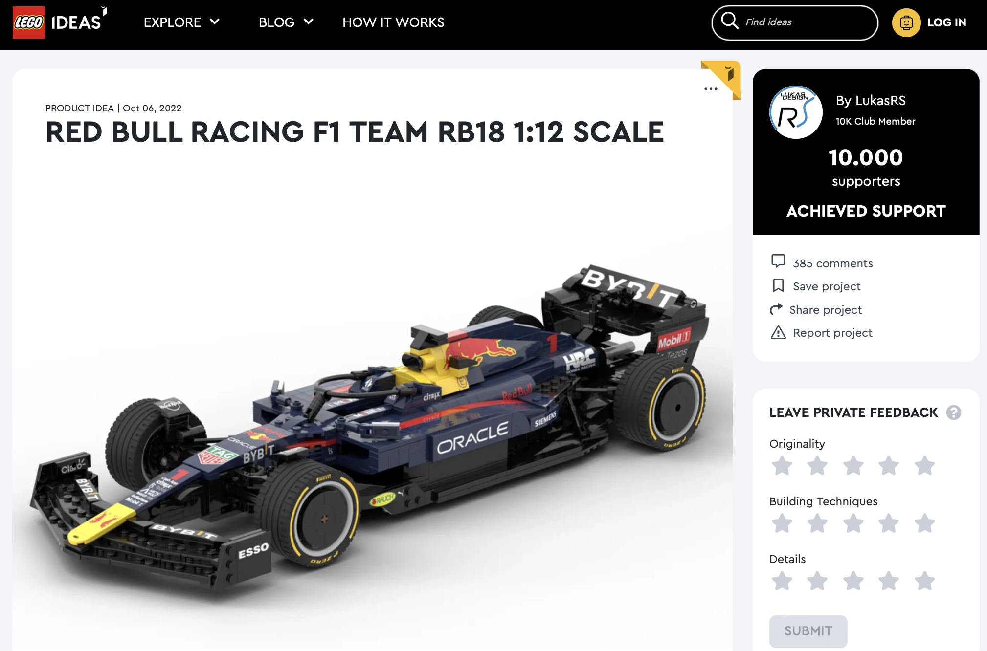 Red Bull Racing F1 Team RB18 1:12 scale ha raggiunto i 10.000 like sul portale LEGO® Ideas