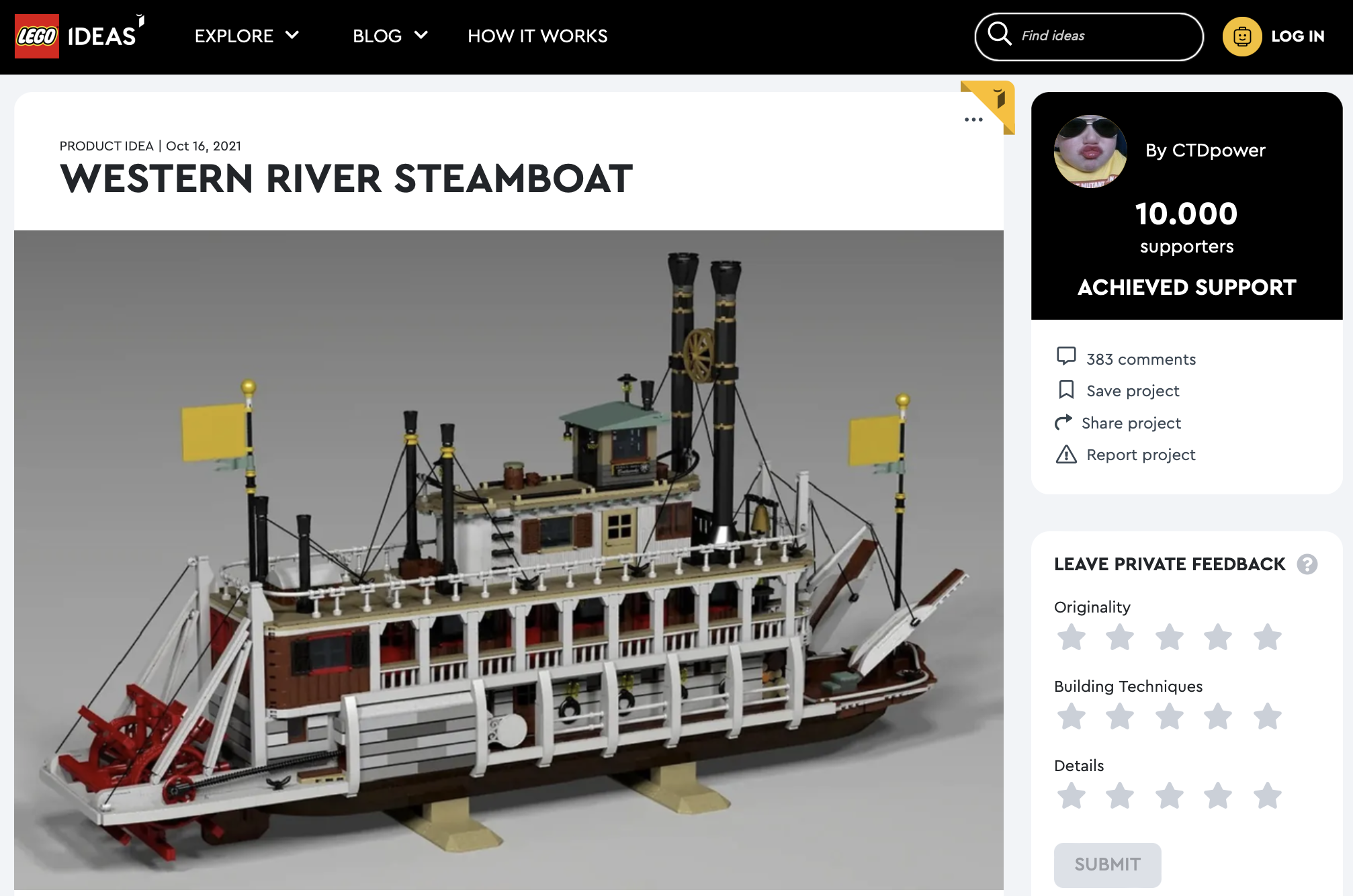 Western River Steamboat ha raggiunto i 10.000 like sul portale LEGO® Ideas