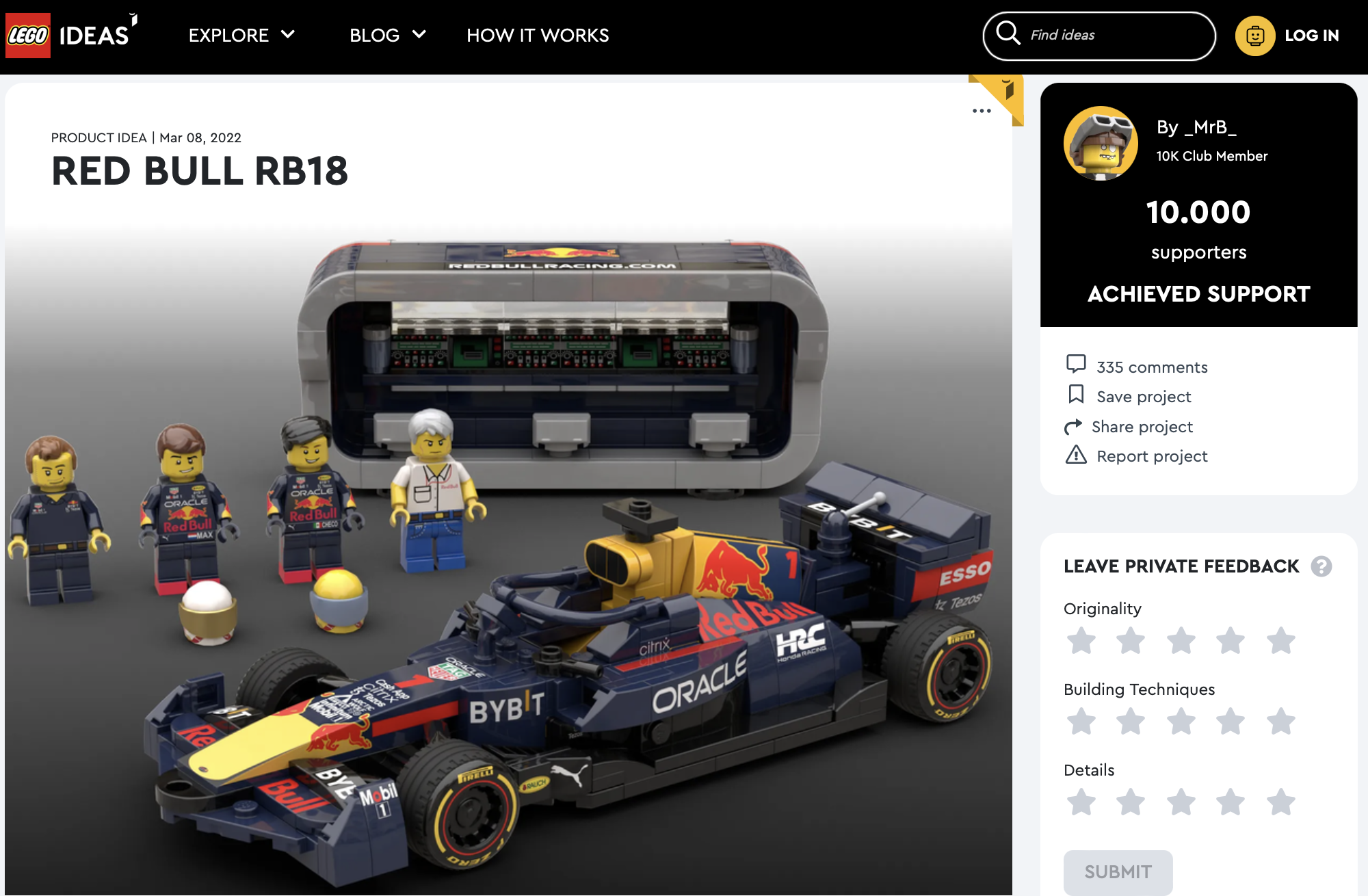 Red Bull RB18 ha raggiunto i 10.000 like sul portale LEGO Ideas