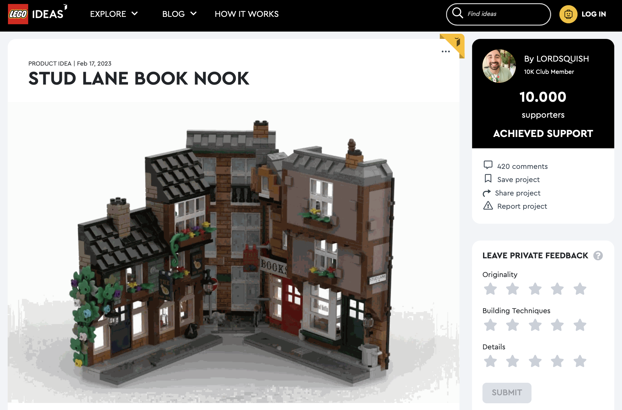 Stud Lane Book Nook ha raggiunto i 10.000 like sul portale LEGO Ideas