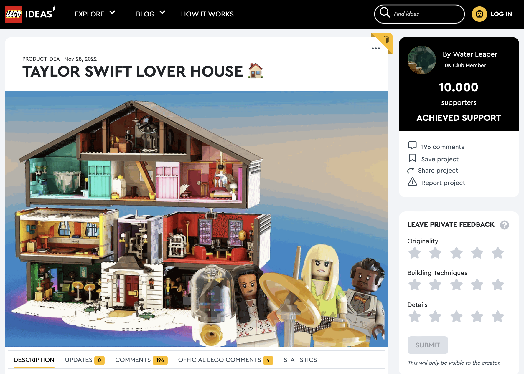 Taylor Swift Lover House ha raggiunto i 10.000 like sul portale LEGO Ideas