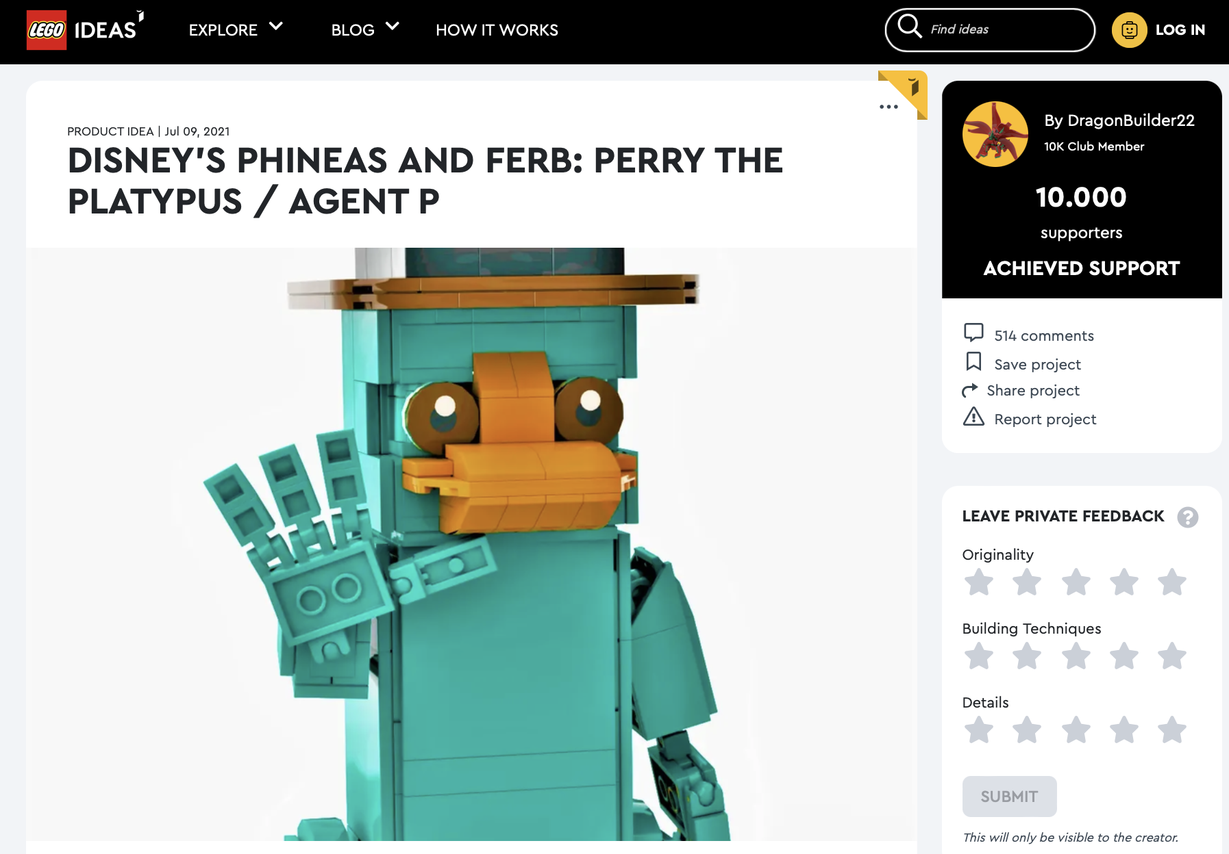 Disney’s Phineas and Ferb: Perry the Platypus/Agent P ha raggiunto i 10.000 like sul portale LEGO Ideas