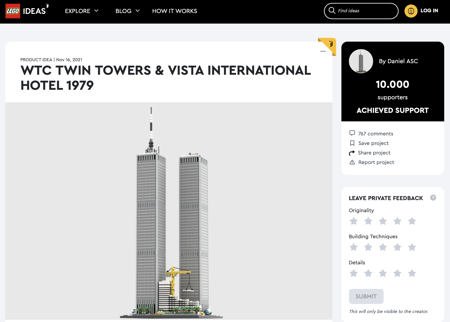 WTC Twin Towers & Vista International Hotel 1979 raggiunge i 10.000 like su LEGO Ideas
