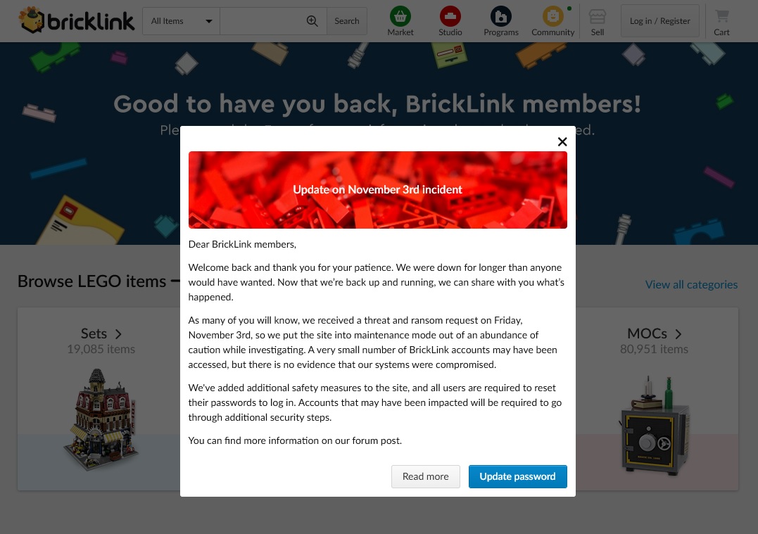 Ad una settimana dall’attacco, Bricklink è di nuovo online