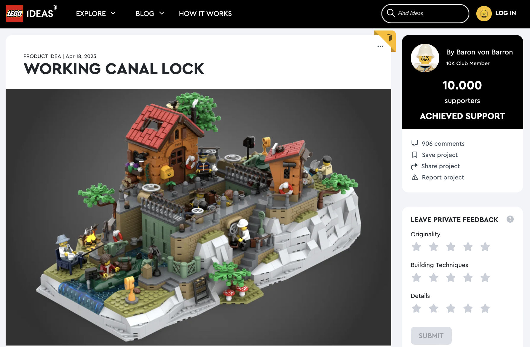 Working Canal Lock ha raggiunto i 10.000 like su LEGO Ideas