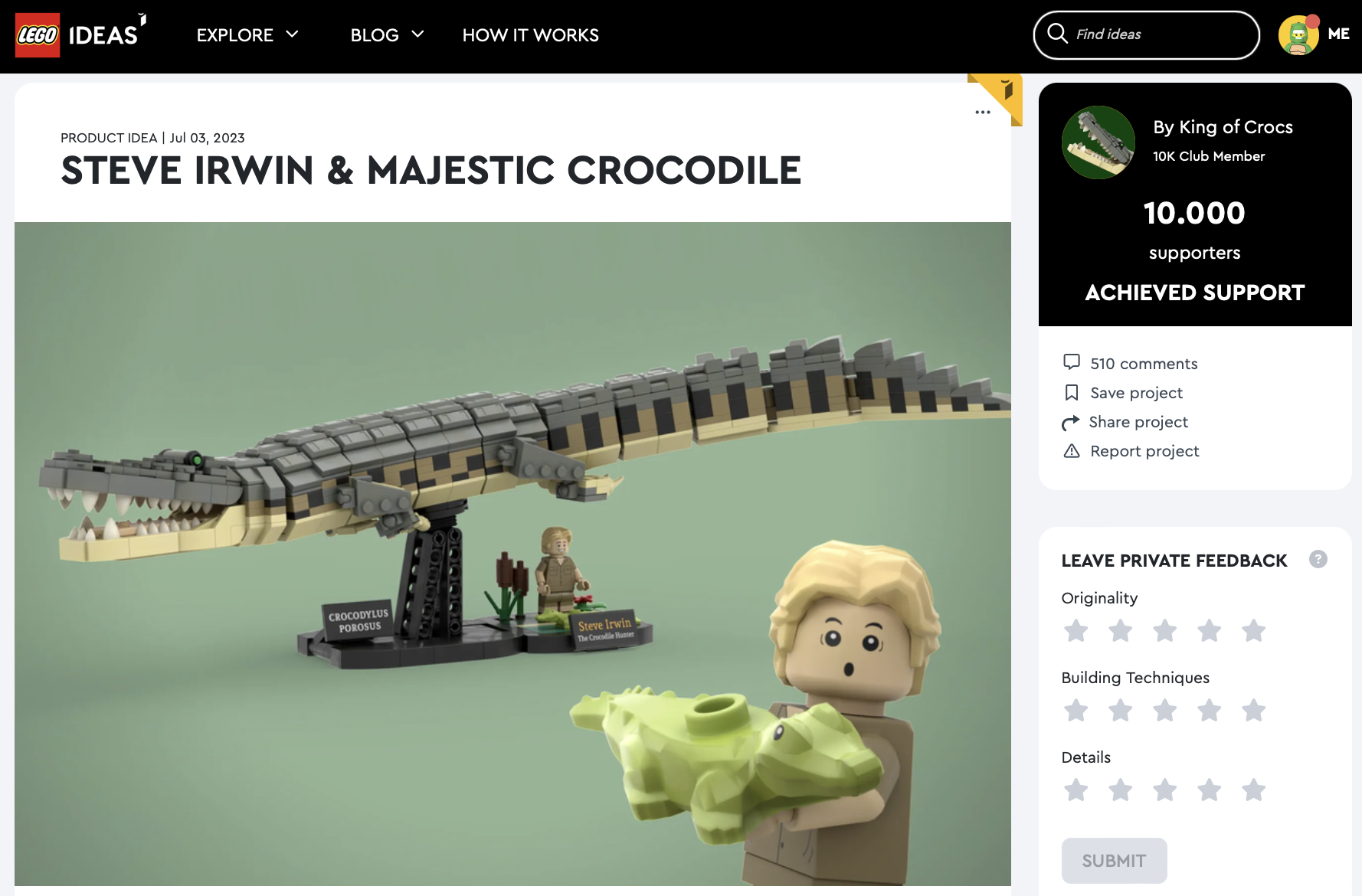 Steve Irwin & Majestic Crocodile ha raggiunto i 10.000 like su LEGO Ideas