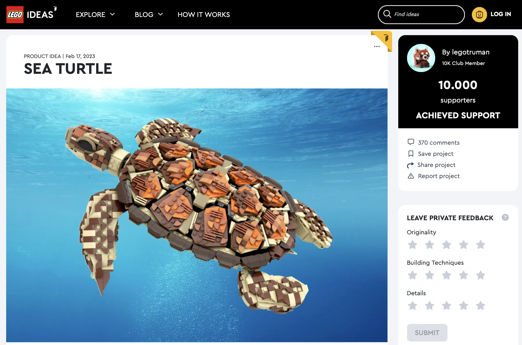 Sea Turtle ha raggiunto 10.000 like su LEGO Ideas