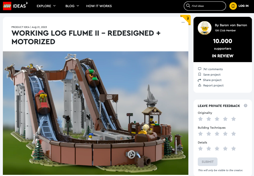 Working Log Flume II – Redesigned + Motorized ha raggiunto 10.000 like su LEGO Ideas