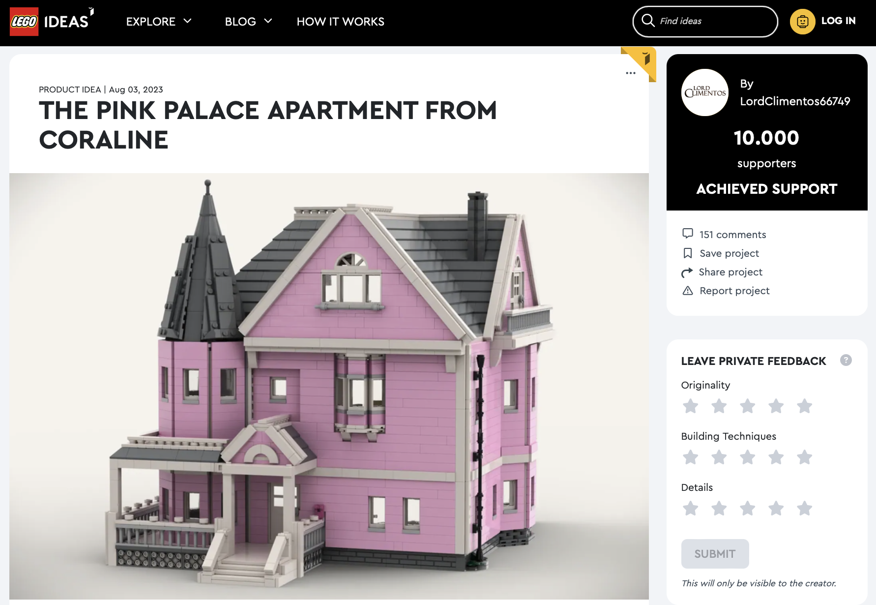 The Pink Palace from Coraline ha raggiunto 10.000 like su LEGO Ideas