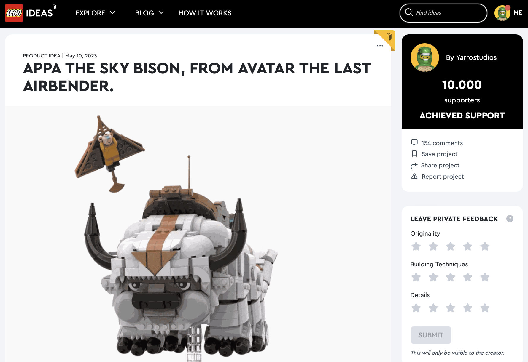 Appa The Sky Bison, from Avatar the last Airbender raggiunge i 10k su LEGO Ideas