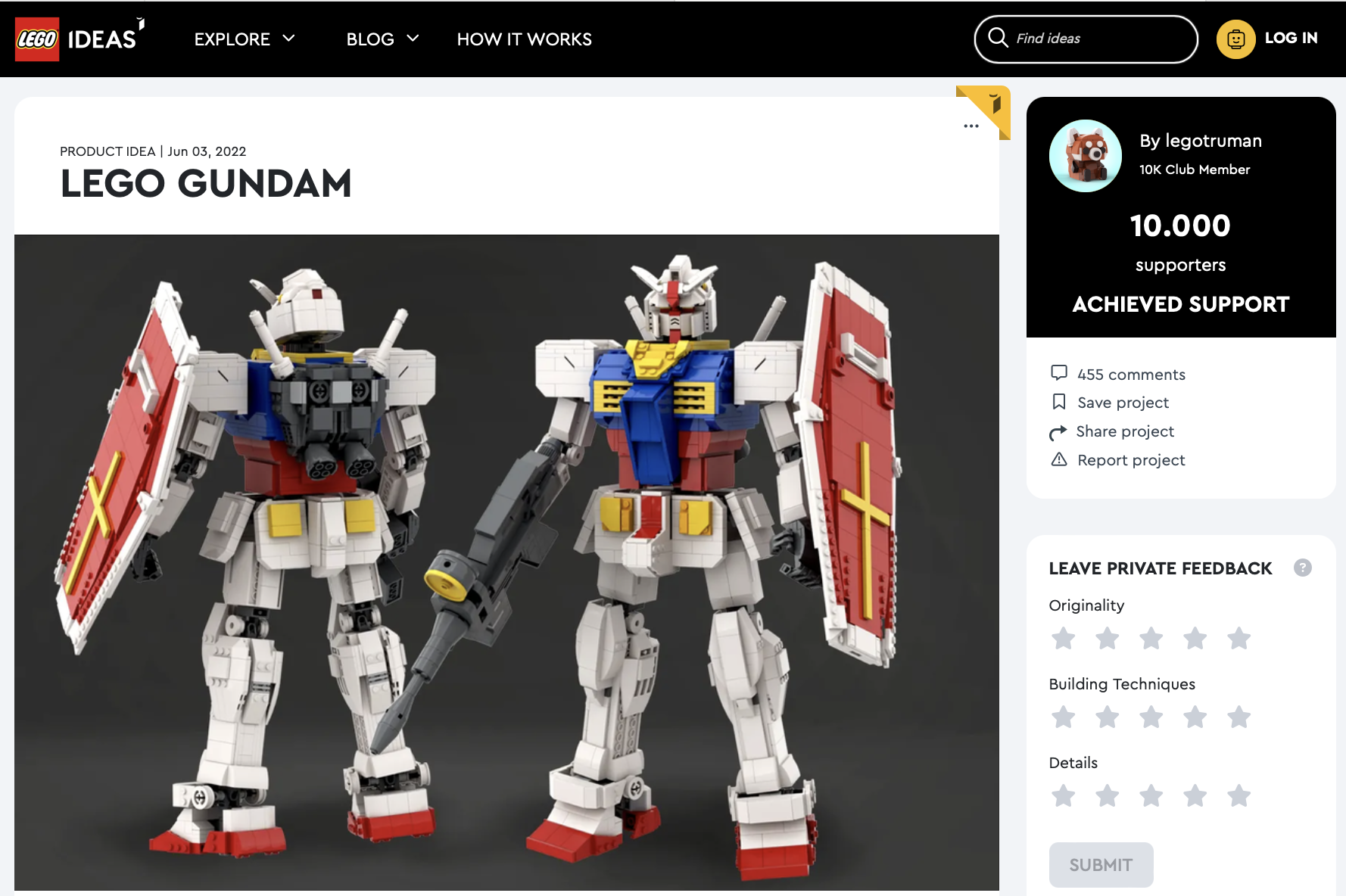 LEGO Gundam raggiunge i 10k su LEGO Ideas
