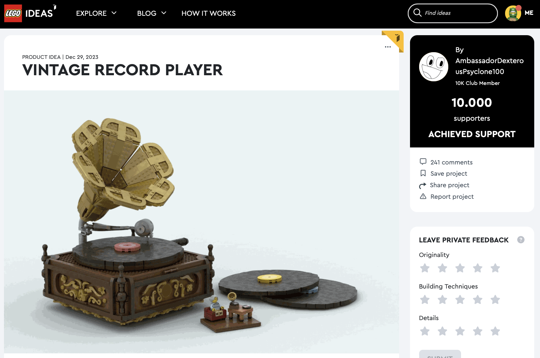Vintage Record Player raggiunge i 10k su LEGO Ideas