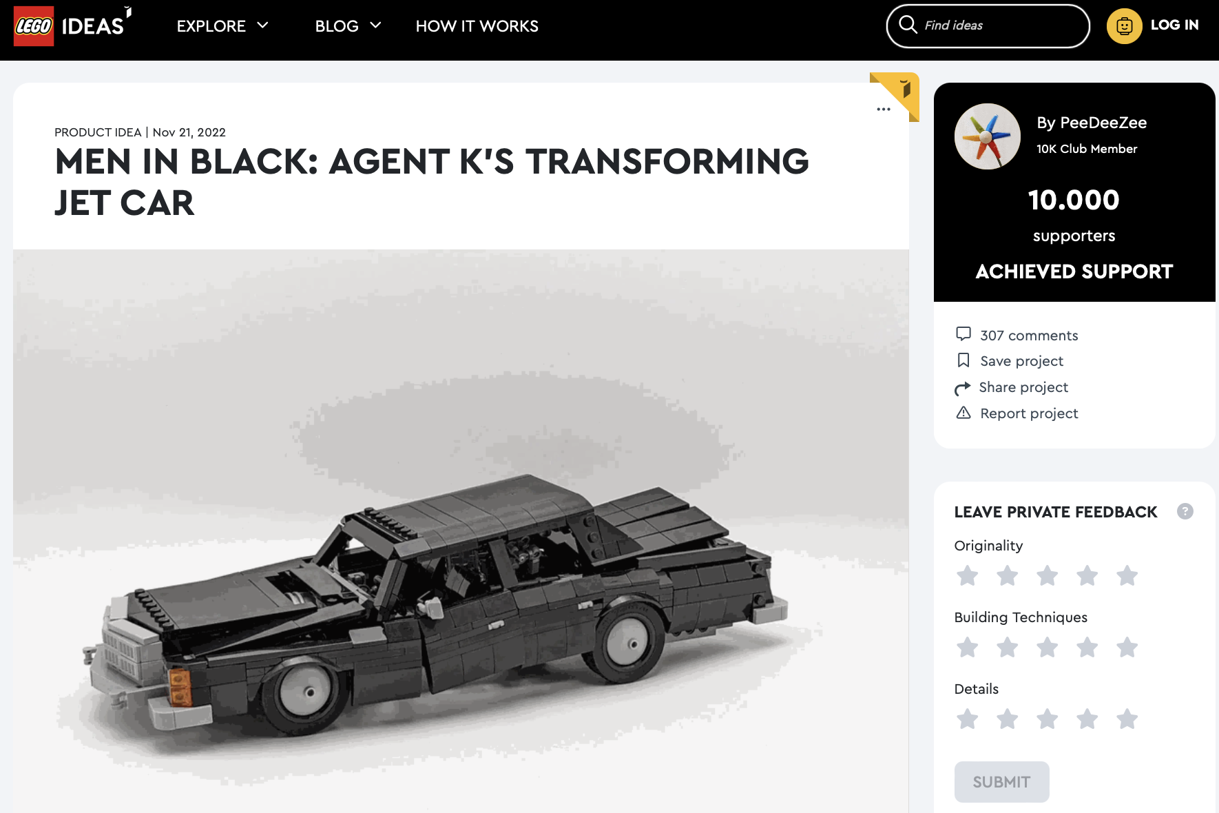 Men in Black: Agent K’s transforming jet car raggiunge i 10k su LEGO Ideas