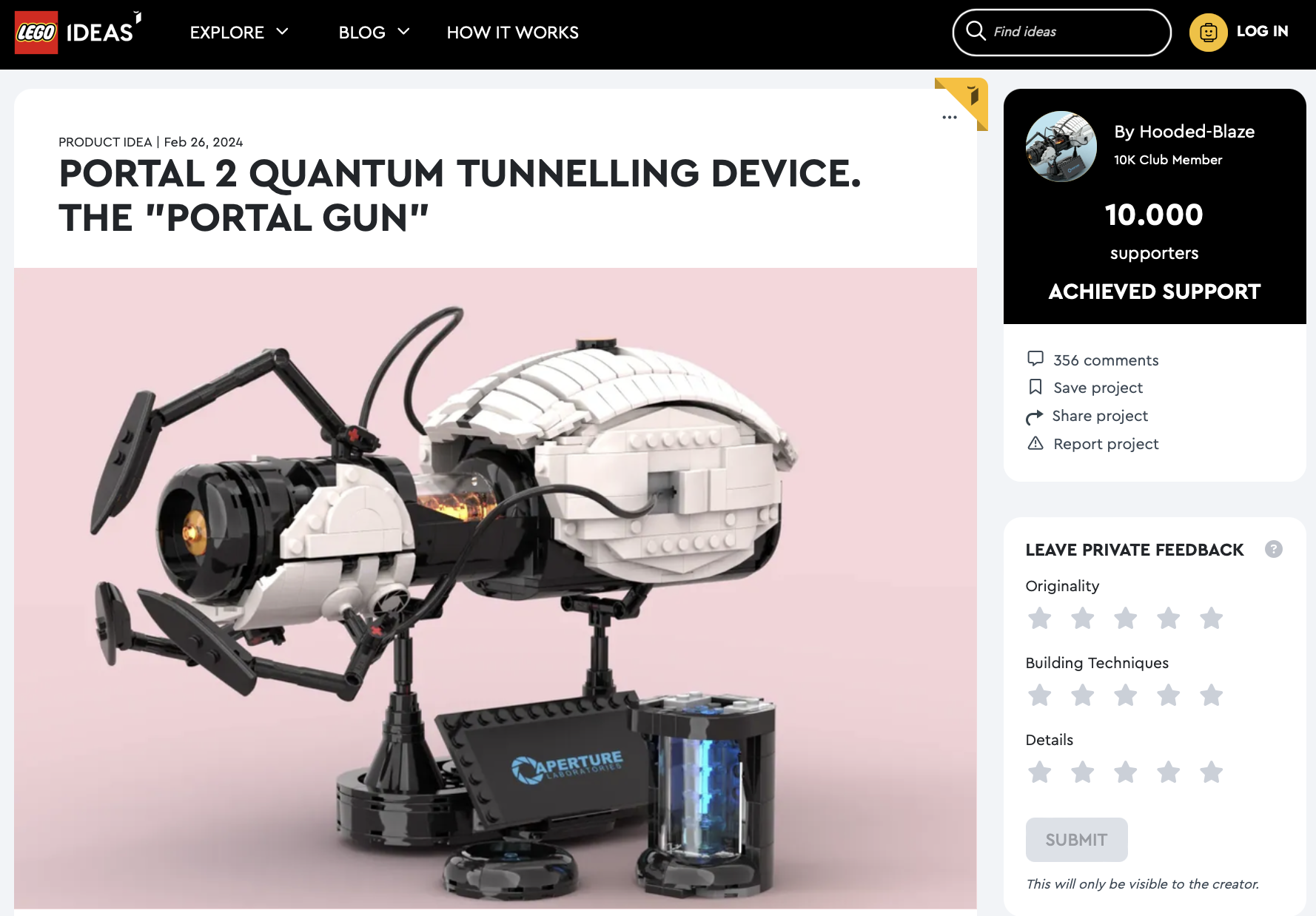 Portal 2 Quantum Tunneling device. The “Portal Gun” raggiunge i 10k su LEGO Ideas
