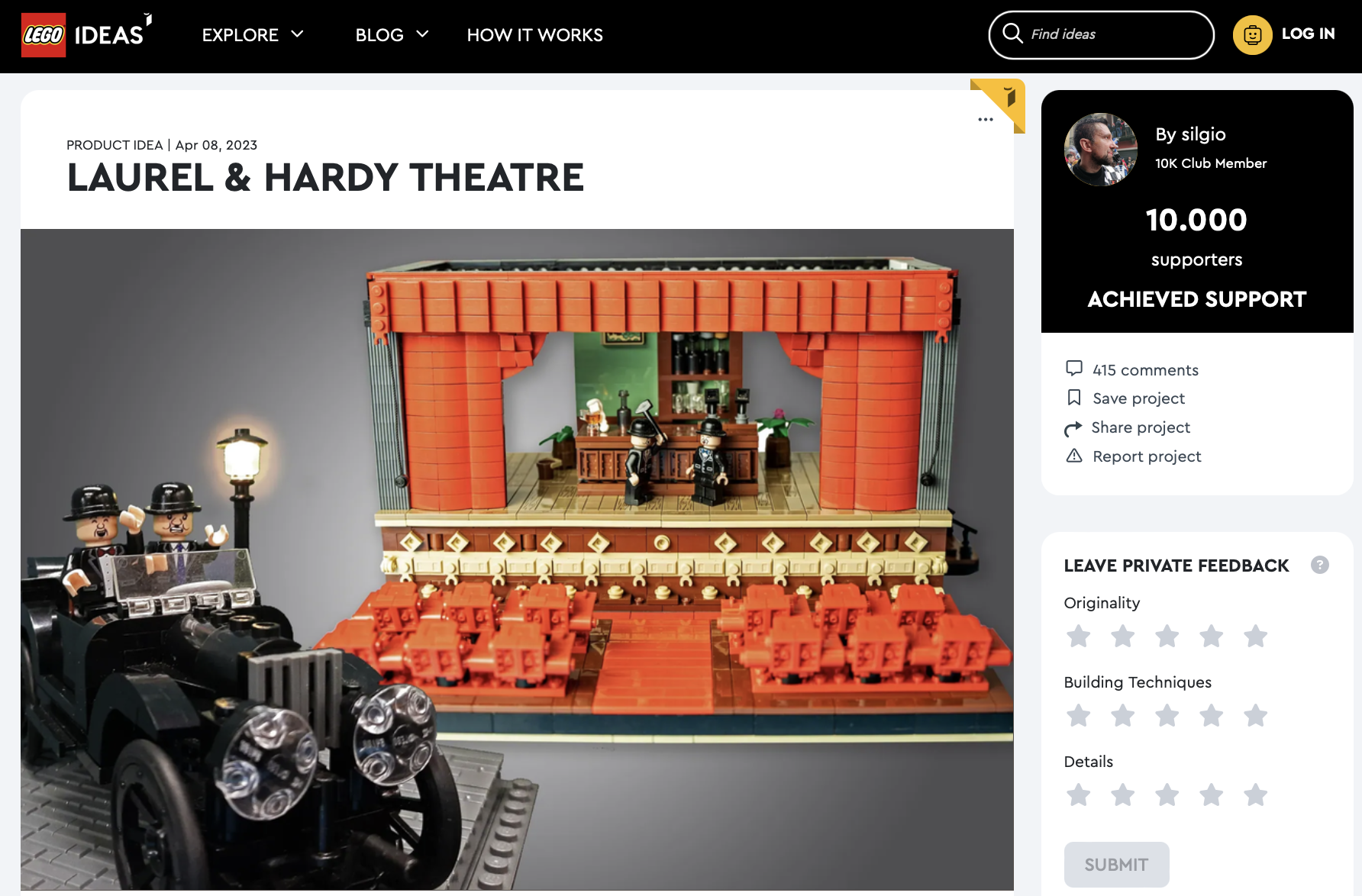 Laurel & Hardy Theatre raggiunge i  10k su LEGO Ideas